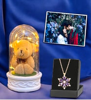 Kişiye Özel Fotoğraflı Hediye Seti  Led Işıklı Fanus ve Gerçek Ametist Taşlı Lotus Kolye (Model 4)