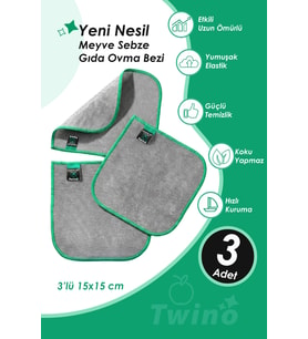 Twino 3'lü Meyve Sebze Ovma 15x15 Güçlü Mikrofiber Islak Kuru Temizlik Mutfak Gıda Temizleme Bezi
