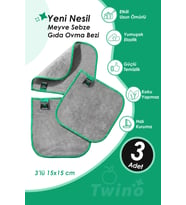 Twino 3'lü Meyve Sebze Ovma 15x15 Güçlü Mikrofiber Islak Kuru Temizlik Mutfak Gıda Temizleme Bezi
