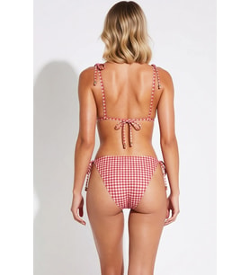 Kadın Bikini Takımı Üçgen Kaplı Kolsuz Ekose Desenli Düşük Bel Boncuk Aksesuarlı Slip Alt Örme