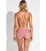 Kadın Bikini Takımı Üçgen Kaplı Kolsuz Ekose Desenli Düşük Bel Boncuk Aksesuarlı Slip Alt Örme