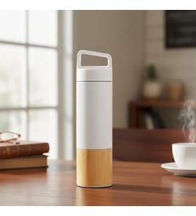 600 ml Bambu Tabanlı Kulplu Çelik Termos Mug - 5 Renk Seçenekli Sıcak/Soğuk Tutucu Seyahat Bardağı (BEYAZ)