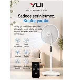 F60 Beyaz 16 İnç 50W 8 Kademe 5 Pervane Döner Başlıklı Uzaktan Kumandalı Vantilatör (Düz Beyaz)