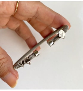 Beyaz Altın Harf ve Aslan Detaylı Çelik Bileklik