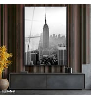 Siyah Renk Metal Çerçeveli Tamperli Cam Tablo New York Gökdelenler ve Empire State Şehir Mimari Tablo Duvar Dekoru