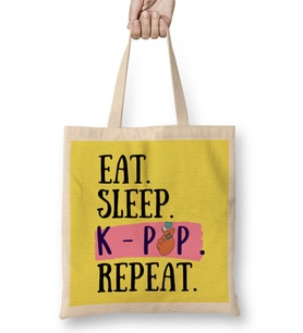 Eat Sleep Kpop Repeat Funny Quote Bez Çanta Uzun Saplı