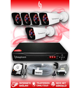 BAYICAM 5 Kameralı Kare 5 Dış Kamera Set 1 TB HDD Full HD Gece Görüşlü Güvenlik Kamerası Sistemi
