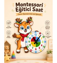 Sevimli Geyik Montessori Çocuk Odası Eğitici Ahşap Duvar Saati - Sessiz Mekanizma, Şık Tasarım Saat