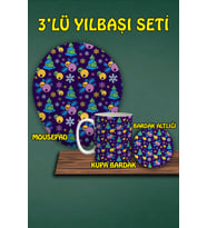 Yılbaşı Temalı 3'lü Bilek Destekli Mousepad Kupa Ve Bardak Altlığı Seti