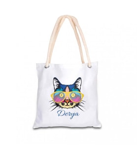 Kişiye Özel Kedi Baskılı Bez Kol Çantası 40x40 cm HK2357 (Beyaz)