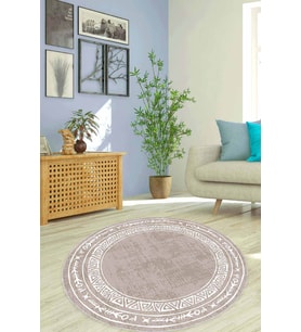 Bej Çerçeveli Kaymaz Tabanlı Antre Halısı Yuvarlak AR1338 - 100 x 100 cm