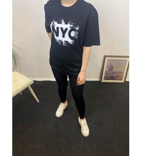 Kadın Bisiklet Yaka Oversize Fit NYC Baskılı Tişort SPR24TSk114 (Siyah)