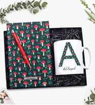 Kişiye Özel Mantar Desenli Defter & Mantar Harf Baskılı Kupa & Gümüş Renk Detaylı Kırmızı Tükenmez Kalem Hediye Seti