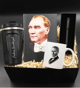 Kişiye Özel Çelik Termos & Mustafa Kemal Atatürk Resimli Defter & Siyah Mat Roller Kalem & Atatürk Kupa Hediye Seti