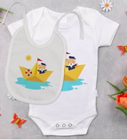 BK Kids Sevimli Kaptan Tasarımlı Bebek Body Zıbın ve Mama Önlüğü Hediye Seti - Model 1