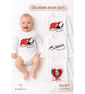 Atatürk Temalı 3’lü Bebek Body Seti  %100 Pamuk  Uzun Kollu Çıtçıtlı Zıbın Body (Beyaz)