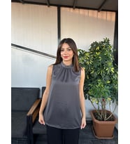 Kadın Antrasit Drape Yaka  Saten Dokuma Kolsuz Bluz