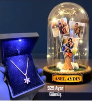 Işıklı Kutuda 925 Ayar Gümüş Lotus Kolye ve Size Özel Led Işıklı Fanus - Premium Set (Model 9)