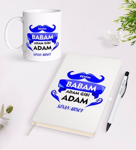 BK Gift Kişiye Özel Benim Babam Adam Gibi Adam Tasarımlı Beyaz Defter Kalem Kupa Seti - Model 1