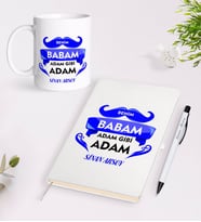 BK Gift Kişiye Özel Benim Babam Adam Gibi Adam Tasarımlı Beyaz Defter Kalem Kupa Seti - Model 1