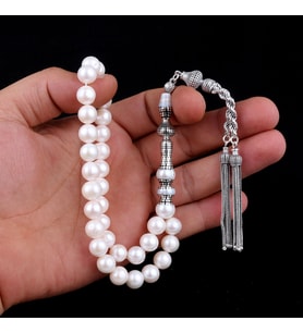 ÖZEL TASARIM GÜMÜŞ NAKKAŞ İMAME 10 mm İNCİ TAŞI TESBİH