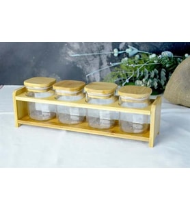 AHŞAP STANDLI BAMBU KAPAKLI 4LÜ CAM BAHARATLIK