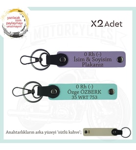 Motosiklet Aşıkları İçin, İsim Plaka ve 0 Rh (-) Kan Grubu, Acil Durum x2 Anahtarlık, Mor-Turkuaz-SK (Çok Renkli)