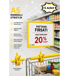 5 Adet - A5 Mandallı Etiketlik Fiyatlık Sepet Raf Askılık Fiyat Etiketi Çerçeveli Market Mağaza Sarı