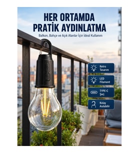 Mey İthalat® Şarjlı Dekoratif Kamp Lambası Askılı Ampul Led Işık Type-C Girişli