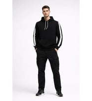 Erkek Şeritli Kapüşonlu Sweatshirt Oversize 3 Iplik Pamuklu - Siyah
