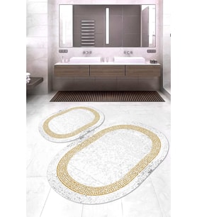 Dijital Baskılı Kaymaz Taban Yıkanabilir Oval 2'li Klozet Takımı Banyo Paspası NOKZ-SD-1077 (Gold)