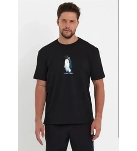 Erkek Oversize Tişört - Sırt Baskılı Survivor Penguin Temalı, Felsefi Yazılı Bisiklet Yaka Tişört - Siyah