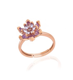 Gümüş Rose Lila Taşlı Lotus Çiçeği Kadın Yüzük