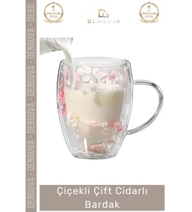 #Bardak Borosilikat Cam Çiçekli Isıya Dayanıklı Tasarım Kupa Lüks Çift Cidarlı Handmade Bardak
