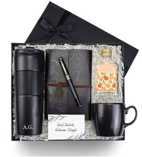 Kişiye Özel French Press Termos & Anı Defteri & Petek Dolma Kalem & 100 ml Kolonya & Siyah Kupa Premium Hediye Seti