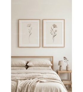 Sakin Minimalist Çiçek Çizimleri 2’li Ahşap Çerçeveli Tablo Seti