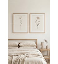 Sakin Minimalist Çiçek Çizimleri 2’li Ahşap Çerçeveli Tablo Seti