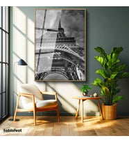 Altın Renk Metal Çerçeveli Tamperli Cam Tablo Paris Eyfel Kulesi Taban Mimarisi Şehir Mimari Tablo Duvar Dekoru