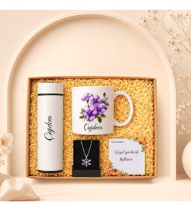 Kişiye Özel İsimli Hediye Kutusu Dereceli Termos, Kupa Bardak Ve Lotus Kolyeli Premium Kadın Hediye