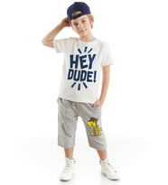 Hey Dude Erkek Çocuk T-shirt Kapri Şort Takım (Gri - Ekru)