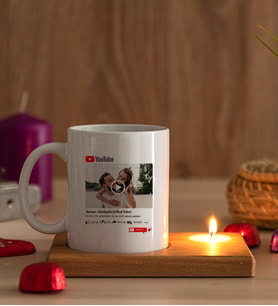 Kişiye Özel Youtube Tasarım Fotoğraflı Ahşap Altlıklı Mumlu Beyaz Kupa