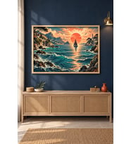 Kıyıda Yelkenli Kızıl Güneş ve Deniz Feneri Ahşap Çerçeveli Duvar Tablosu