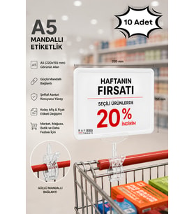 10 Adet - A5 Mandallı Etiketlik Fiyatlık Sepet Raf Askılık Fiyat Etiketi Çerçeveli Market Mağaza Beyaz