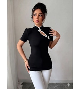 Kadın Beyaz şerit Detaylı Dar Kesim Dik Yaka Bluz