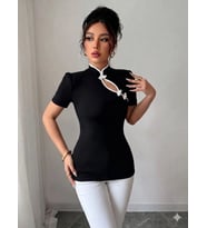 Kadın Beyaz şerit Detaylı Dar Kesim Dik Yaka Bluz