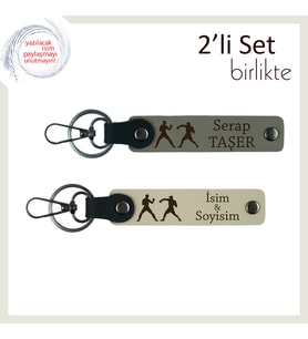 Boksun Ruhu Üzerinde, Yumruk Motifli, İsme Özel Deri Anahtarlık Takımı, Kül Gri-Sütlü Kahve
