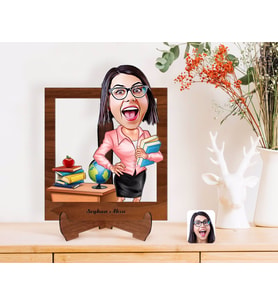 BK Gift Kişiye Özel Kadın Öğretmen Karikatürlü Ahşap Standlı 3D Biblo-5 (Beyaz)