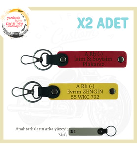Motor Severlere Özel, İsim Plaka ve A Rh (-) Kan Grubu Yazılı x2 Anahtarlık Hediye, Kırmızı-Sarı-Gr
