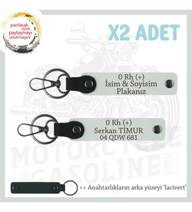 Biker Stiline Uygun, İsim Plaka ve 0 + Kan Grubu Yazılı, Hediye Deri x2 Anahtarlık Seti, Beyaz-Laci (Çok Renkli)