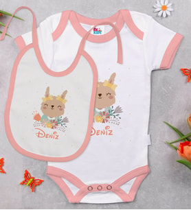 BK Kids Kişiye Özel İsimli Pembe Bebek Body Zıbın ve Mama Önlüğü Hediye Seti-14